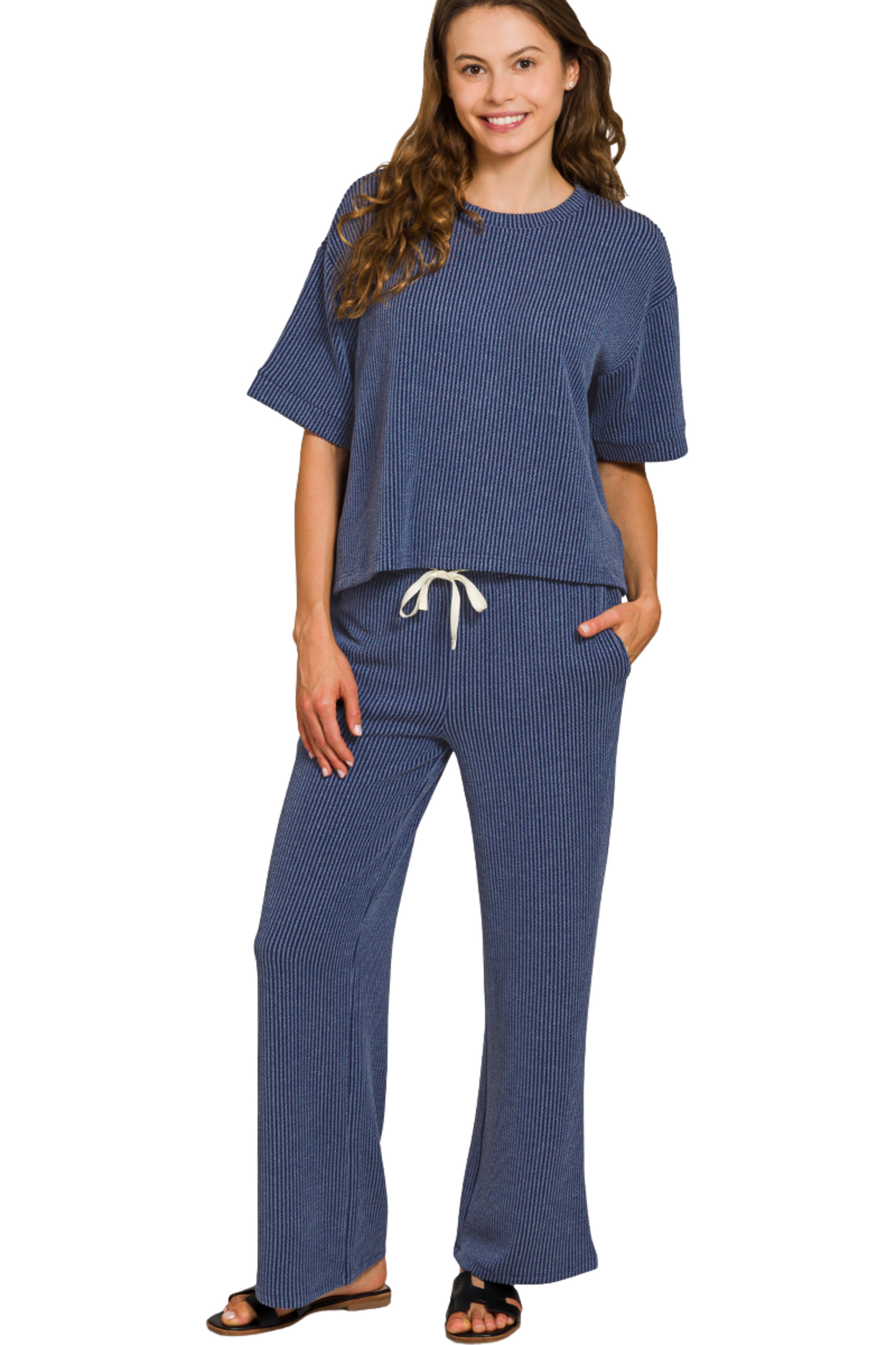 Cord Ribbed Short Sleeve and Pant Lounge Set