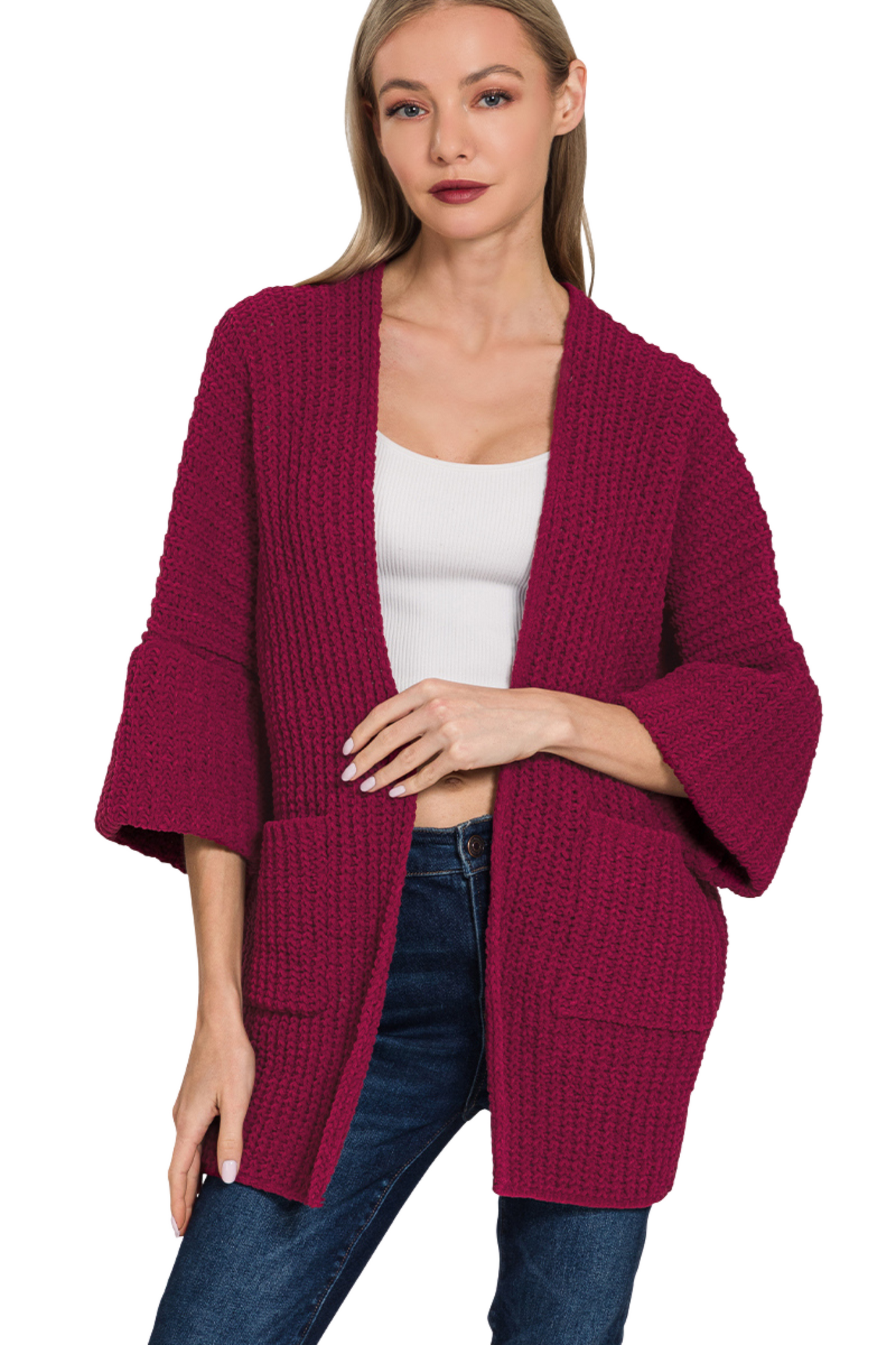 Oversized Open Cardigan Knit Sweater with 3 Quarter Sleeves and Front Pockets