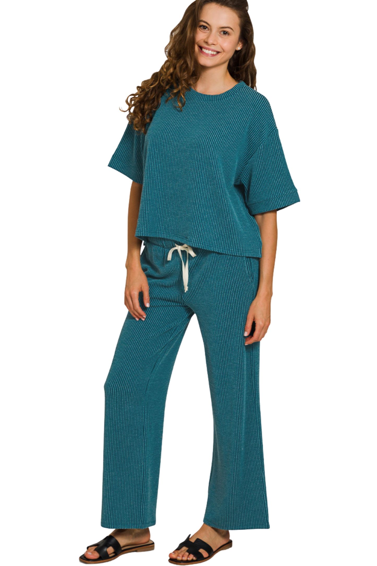 Cord Ribbed Short Sleeve and Pant Lounge Set