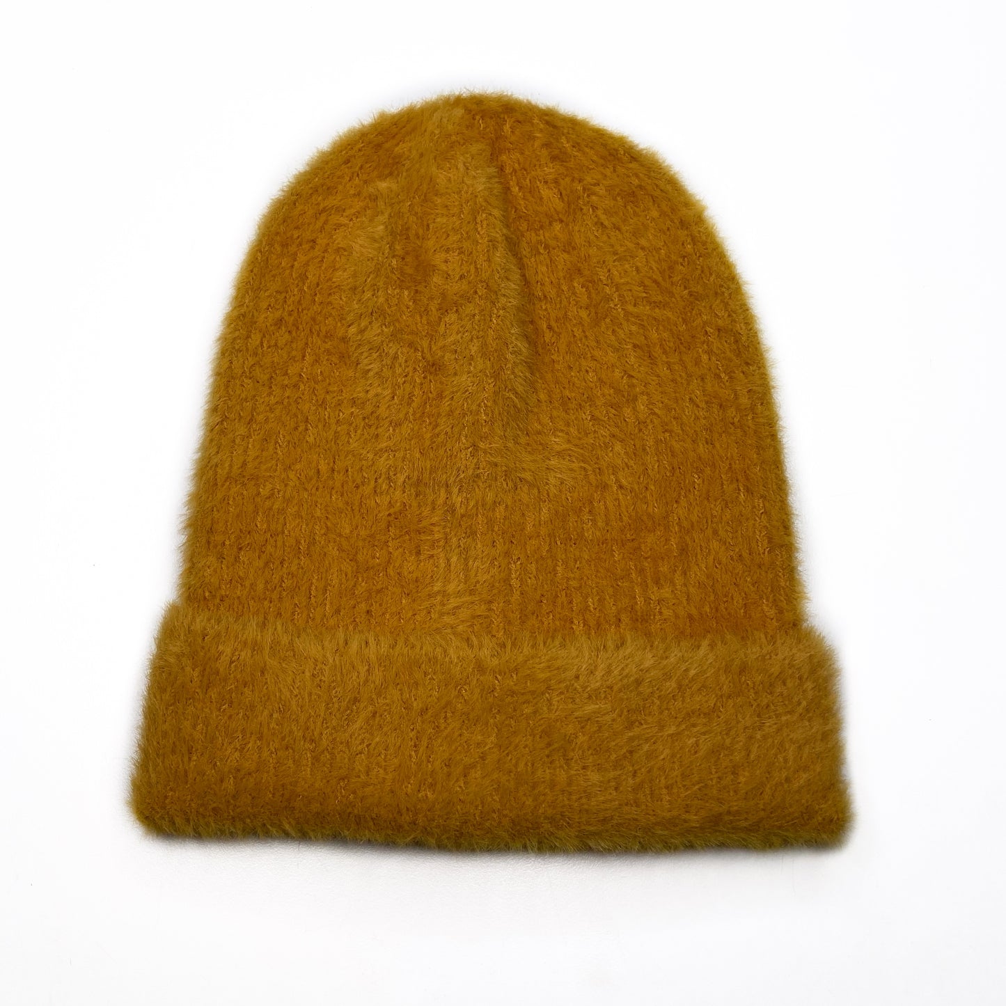 fuzzy beanie winter hat in golden yellow mustard