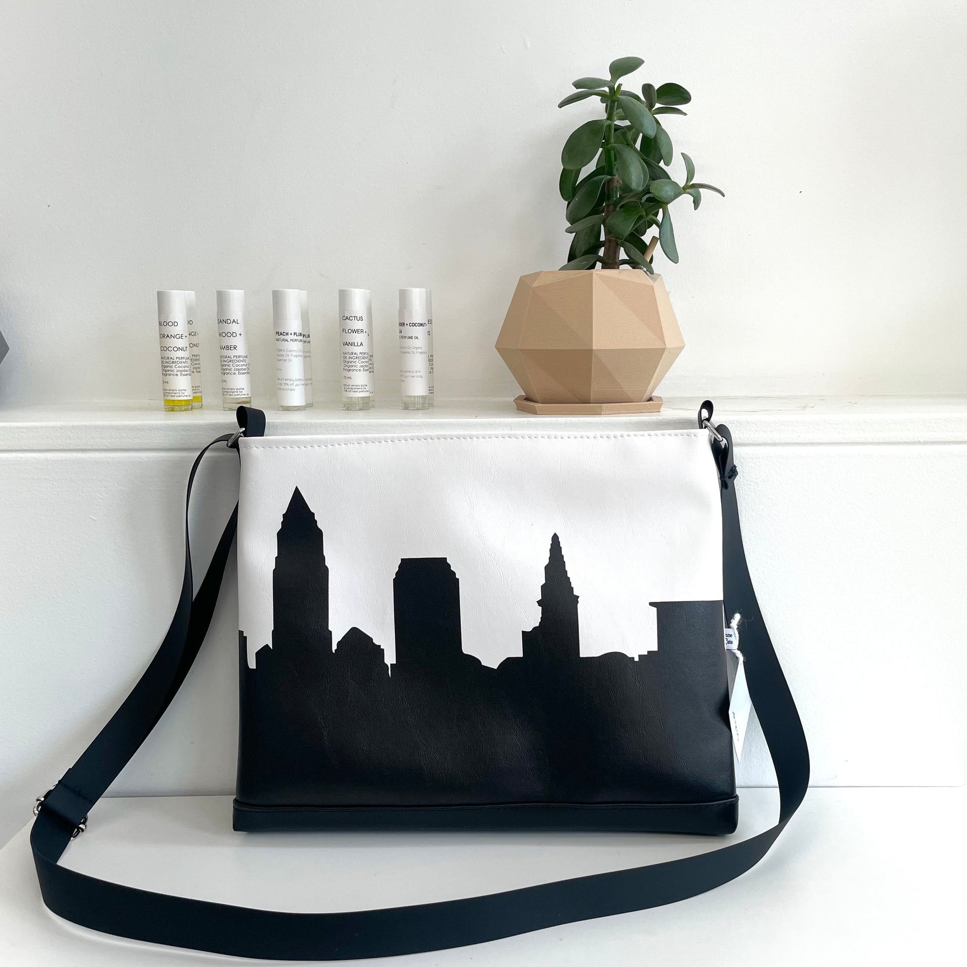 black and white skyline bag