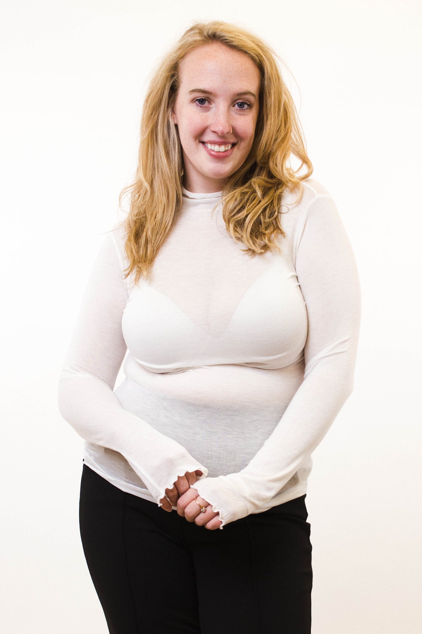 Sheer Long Sleeve Layering Top w/ Lettuce Hem