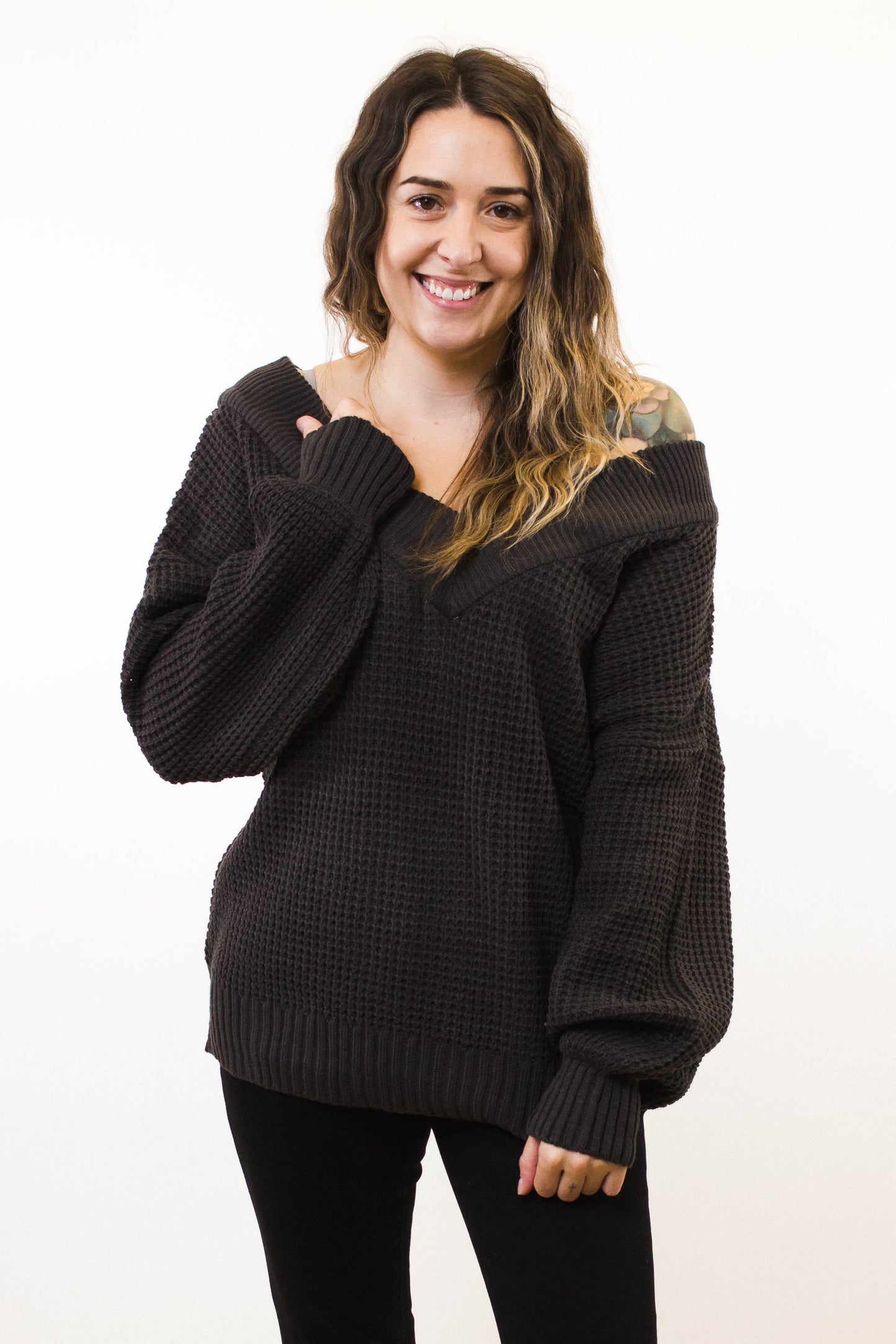 (X-Large) Wide Neck/Off the Shoulder Waffle Knit Sweater