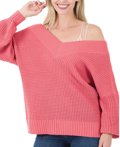 (X-Large) Wide Neck/Off the Shoulder Waffle Knit Sweater