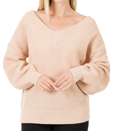 (X-Large) Wide Neck/Off the Shoulder Waffle Knit Sweater